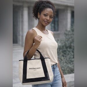 Balenciaga Black and Cream Canvas Leather Tote Handbag with a Wristlet